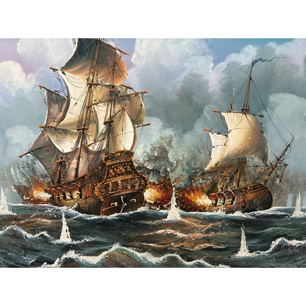 Original Maritime Oil Painting – Naval Battle Scene – Signed J. Harvey , Framed